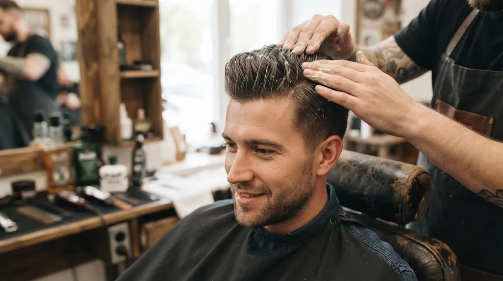 Man preparing and styling his short pompadour haircut with volume and texture before blow-drying