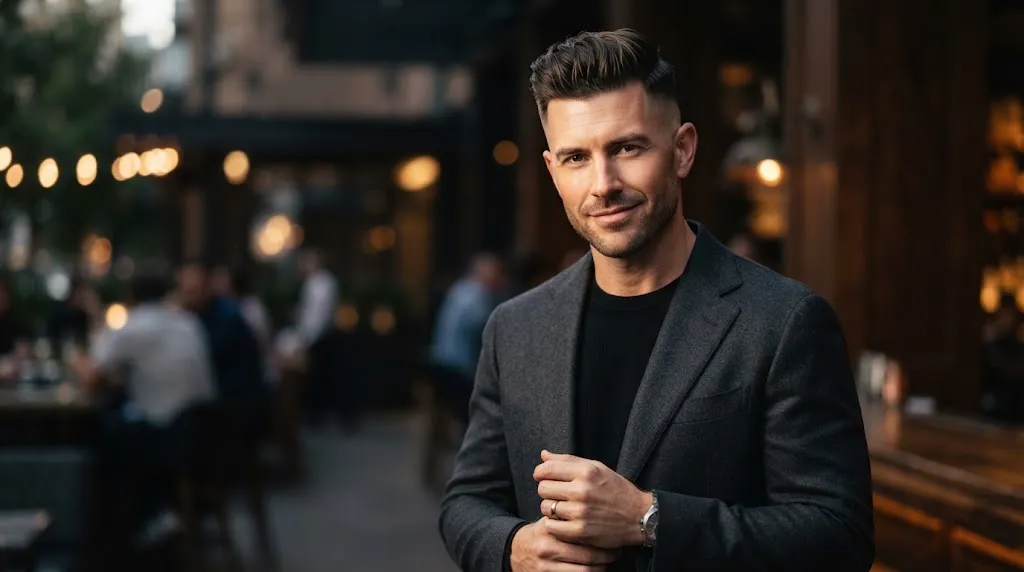 Man with a clean short pompadour hairstyle demonstrating different hair types and textures