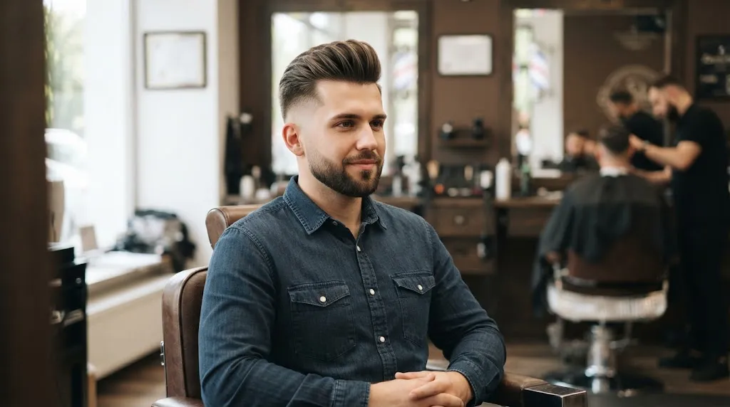 A close-up of a man with a flawlessly maintained short pompadour and sharp mid skin fade sitting confidently in a barbershop chair.