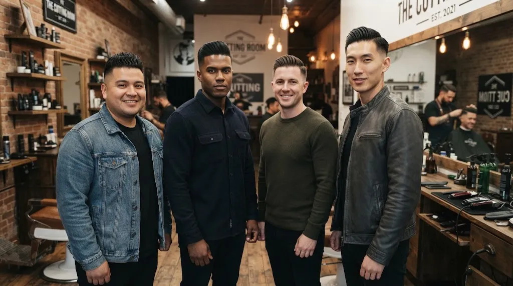 Four men demonstrating short pompadour hairstyles tailored for round, square, oval, and long face shapes with clean fades