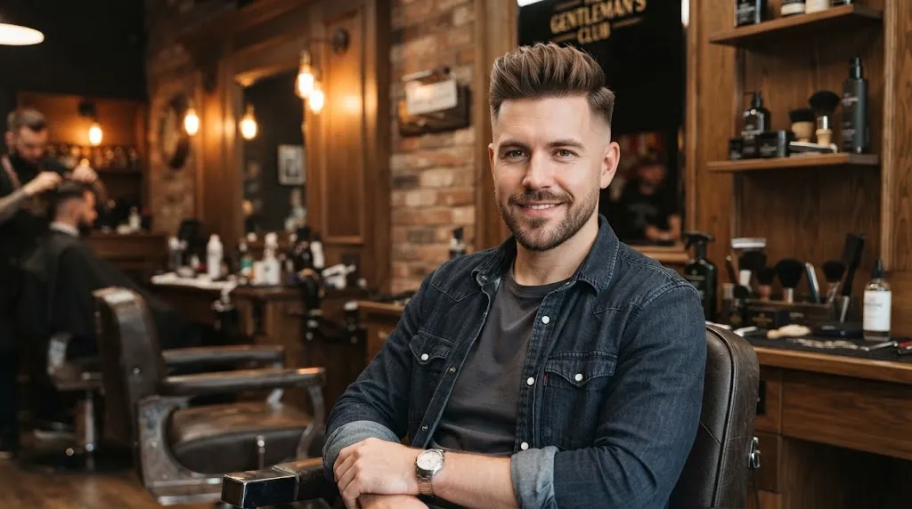 Front-angle close-up portrait of a stylish man with a sharp short pompadour haircut, clean mid skin fade, and textured top lift
