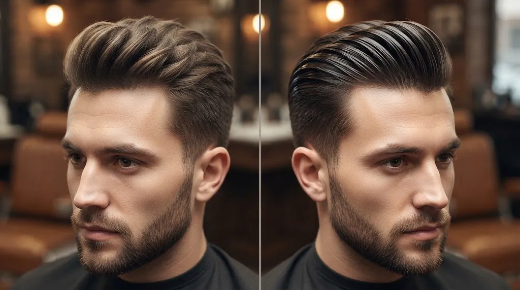 A split-screen comparison of the same male model showcasing a short pompadour hairstyle; the left side features a natural matte finish, while the right side shows a high-shine, slick finish.