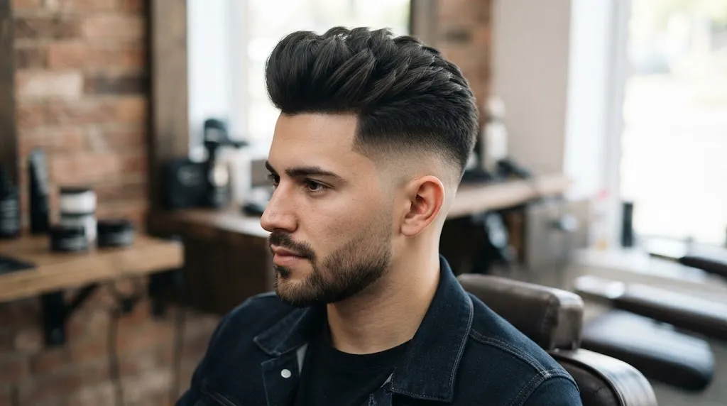 A sharp-angled close-up of a man in a barber chair showcasing a precise short pompadour undercut with a clean skin fade and textured top volume.