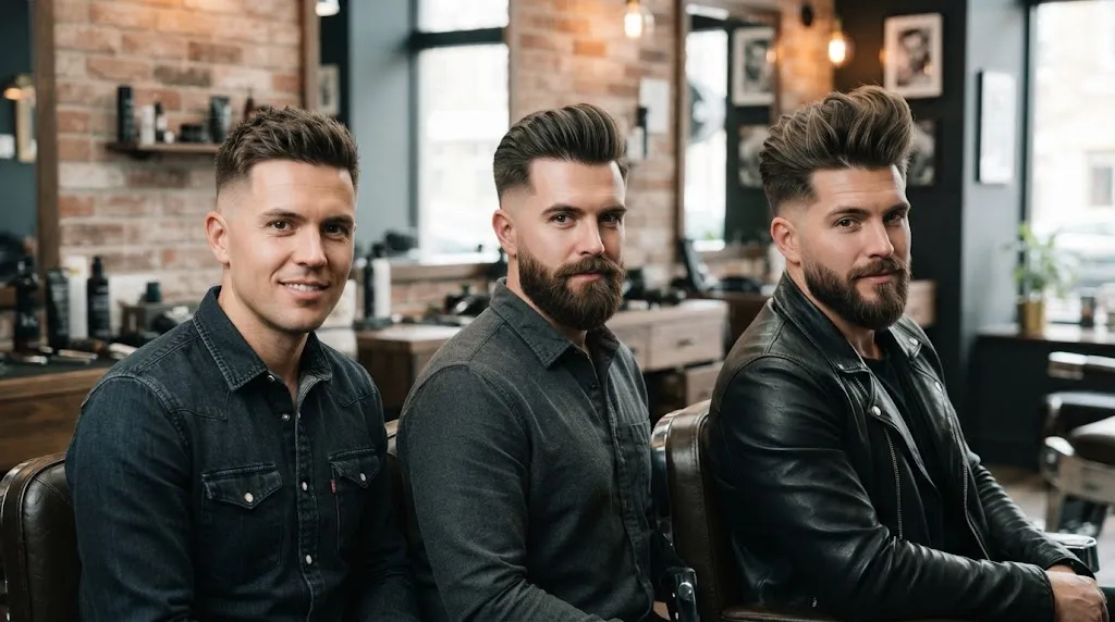 Front angle comparison showing short pompadour, classic pompadour, and long pompadour hairstyles with different lengths and fade styles