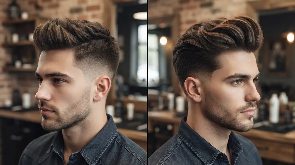 Side-by-side comparison of a short pompadour with a skin fade and a long pompadour with a classic taper, modeled by the same man in a barbershop.
