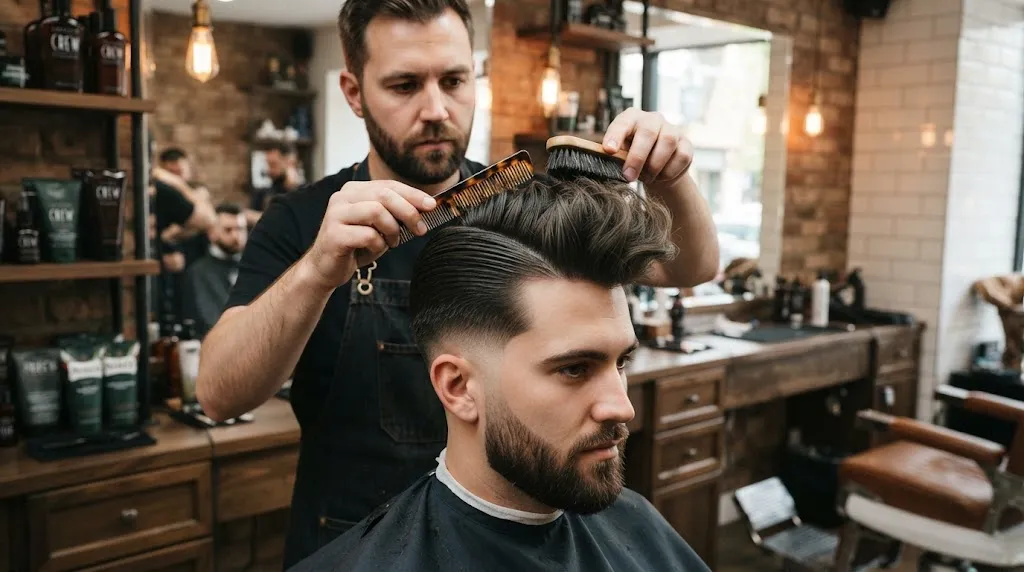 Side-by-side visual comparison of a sleek short pompadour swept straight back versus a textured quiff haircut in a professional barbershop