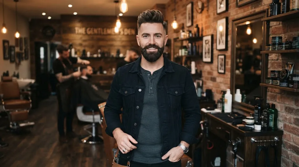 Front-angle portrait of a man wearing a clean short pompadour hairstyle paired with a well-groomed medium-length beard and sharp faded sides