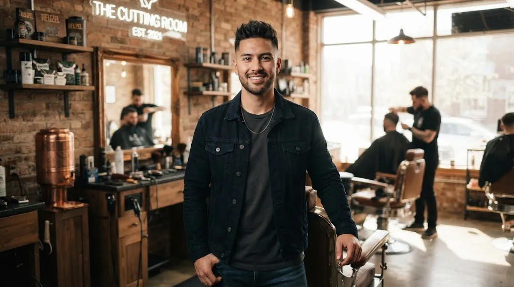 A stylish man with a voluminous short quiff haircut and clean tapered temples in a modern barbershop, ideal for round faces.