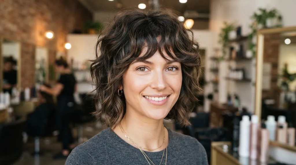 A woman with a trendy short shag haircut featuring textured layers around the crown and soft face-framing pieces