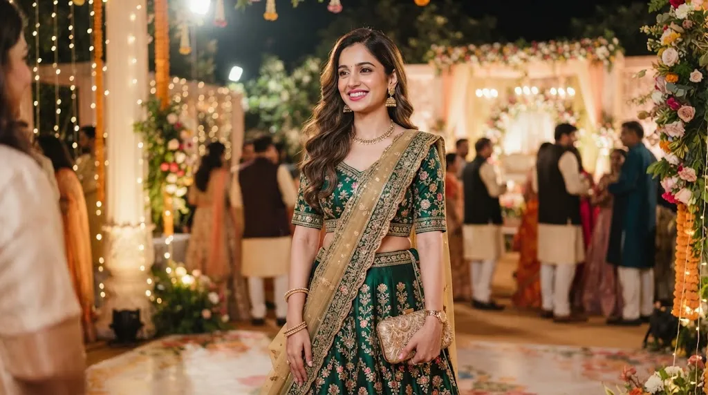Elegant Indian woman with short side-parted soft waves hairstyle at a wedding, wearing traditional festive attire