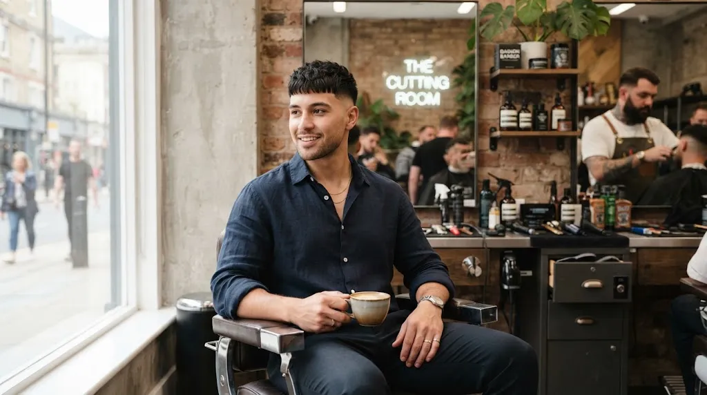 A stylish man showcasing a short straight haircut with a clean low taper fade and textured crop in a modern barbershop.