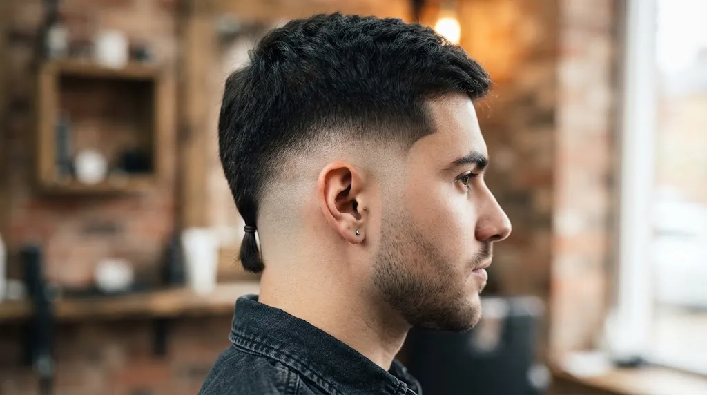 Side-angle close-up shot of a man with a skin fade on the sides and a short mini-tail resting at the neckline.