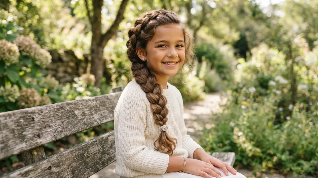 A young girl with a thick, beautifully woven side braid resting casually over her shoulder in natural daylight