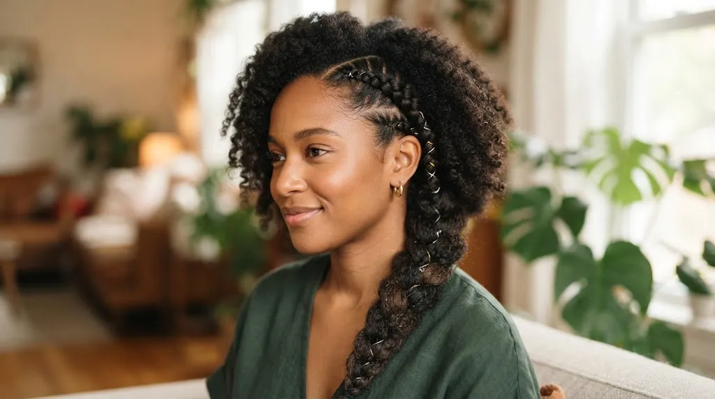 A close-up view of a woman with long, textured hair featuring a sleek side braid pinned neatly and flowing over her shoulder