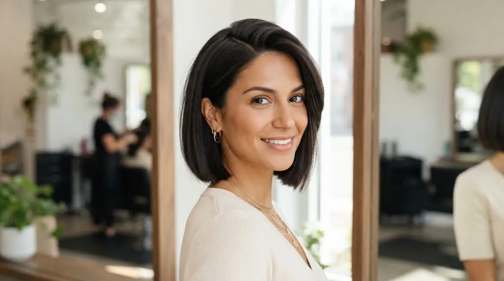 A stylish woman with a modern chin-length side-part box bob haircut showcasing volume and a defined perimeter