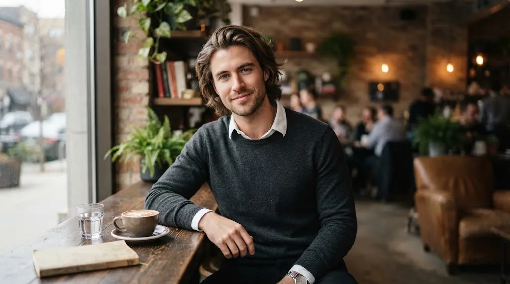 A stylish man with a classic side part bro flow hairstyle and medium-length layered hair sweeping naturally away from his face.