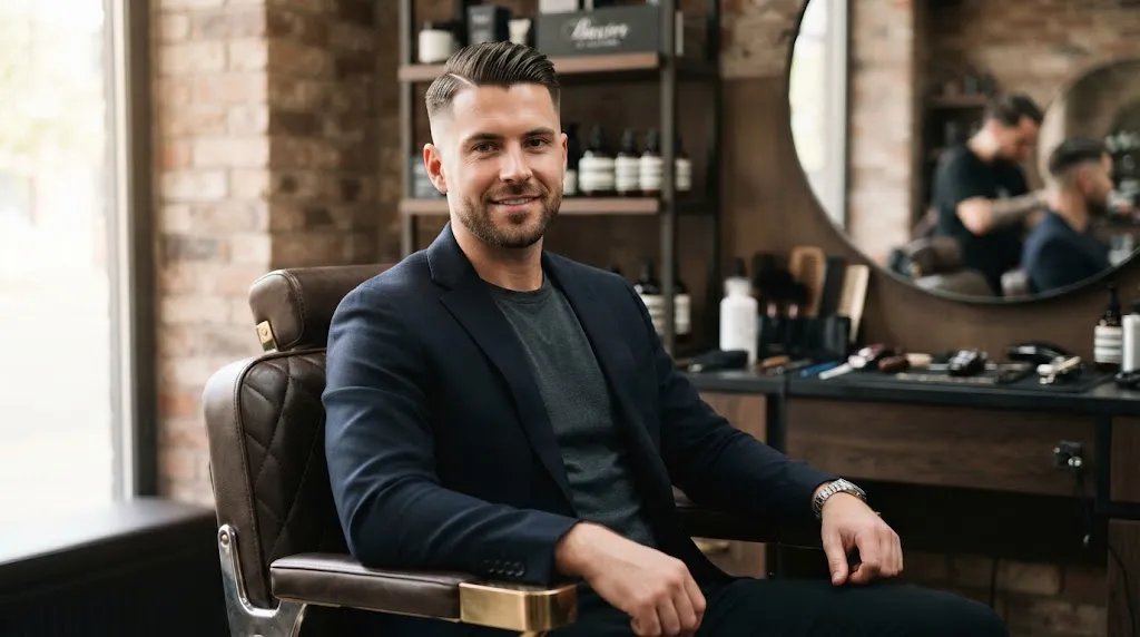 A stylish man showcasing a clean side part haircut with a precise low fade designed to elongate a round face shape.
