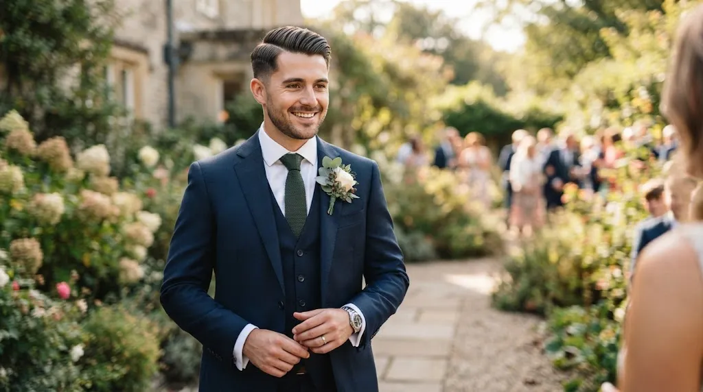 A handsome groom showcasing a polished side-swept groom hairstyle wearing a sharp modern suit