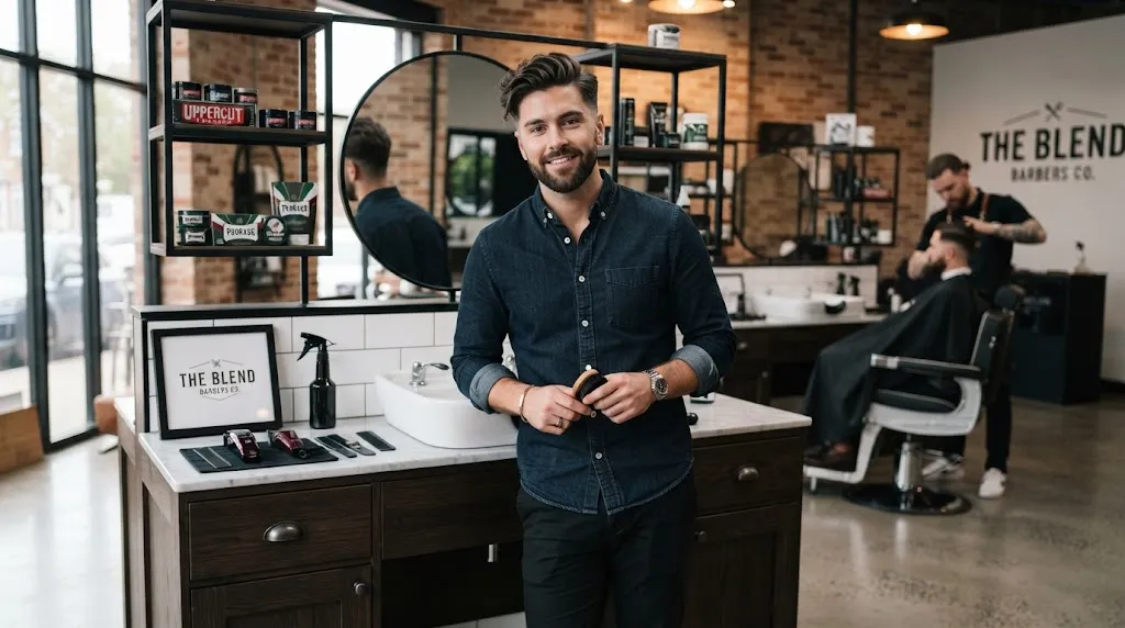 Professional photo of a man with a trendy side-swept haircut in a modern salon