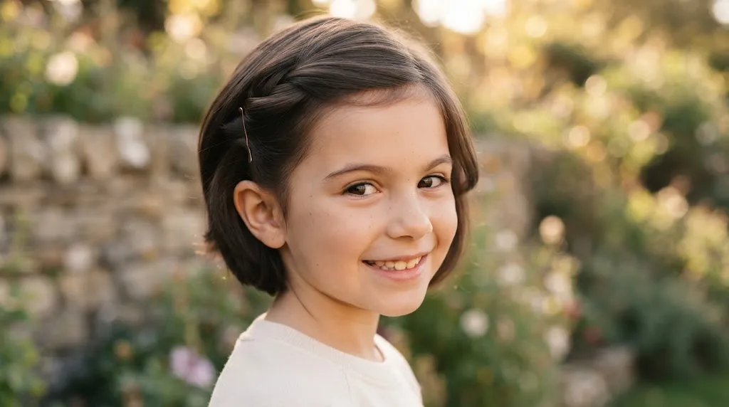 Close-up of a young girl with neat short hair featuring a side-swept twist pinned neatly above the ear with bobby pins