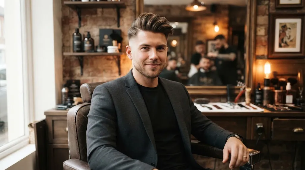 Professional portrait of a man showcasing a modern side-swept undercut quiff hairstyle with clean low fade sides