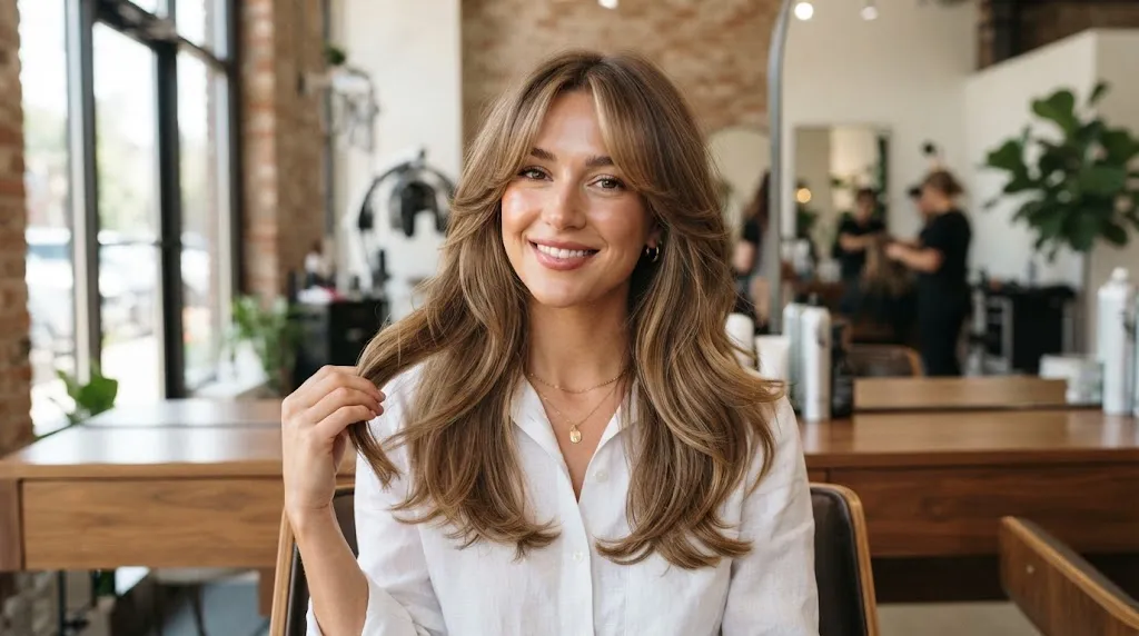A stylish woman with side-swept curtain bangs and long face-framing layers perfectly styled for a round face shape