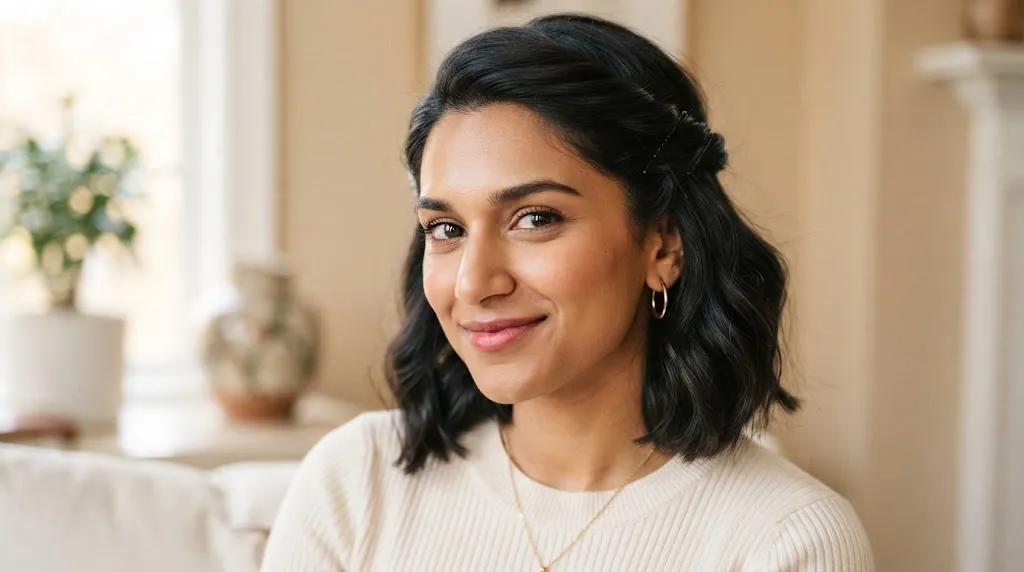 A close-up view of a woman with short bob hair wearing a neat side-twist half-up hairstyle for everyday and casual Indian outfits.