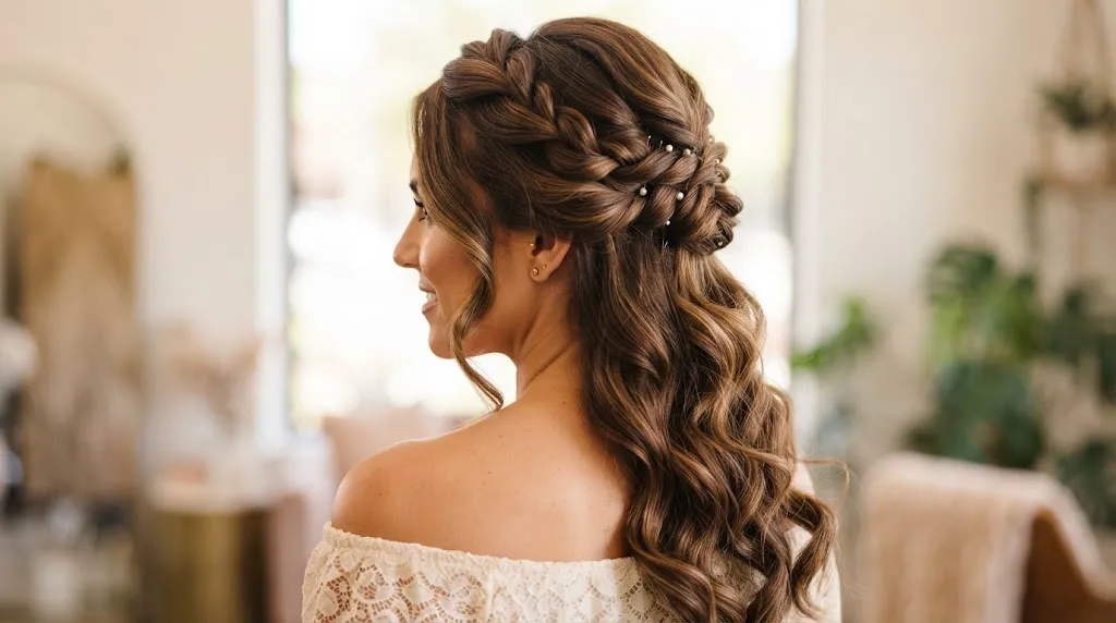 Close-up of a woman wearing an elegant side-twist half updo hairstyle with soft waves for everyday and traditional wear