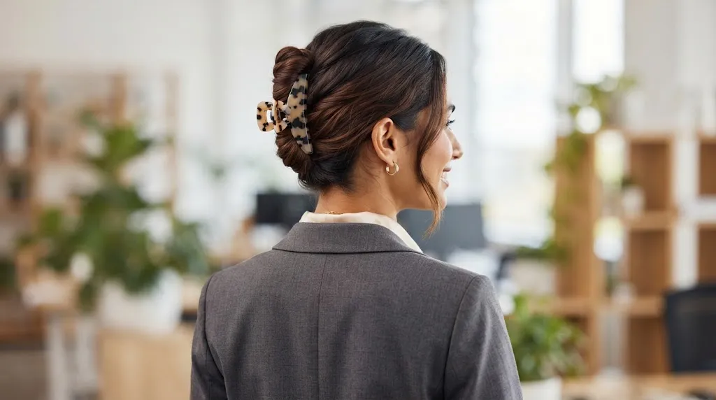 A woman showing an easy and elegant simple claw-clip twist hairstyle for everyday wear