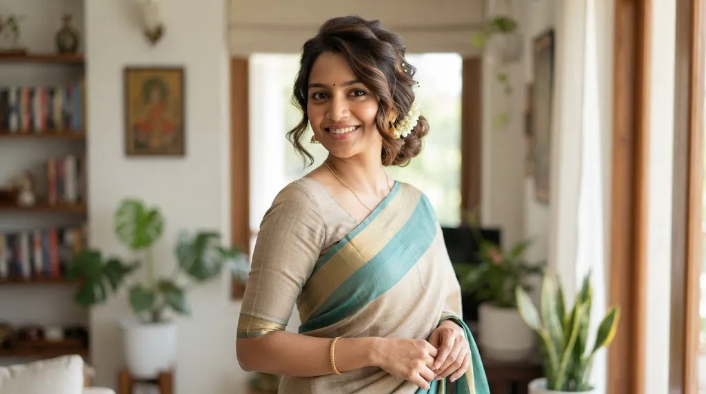 A beautiful Indian woman with a versatile, elegant hairstyle perfect for everyday wear, the office, sarees, and weddings.