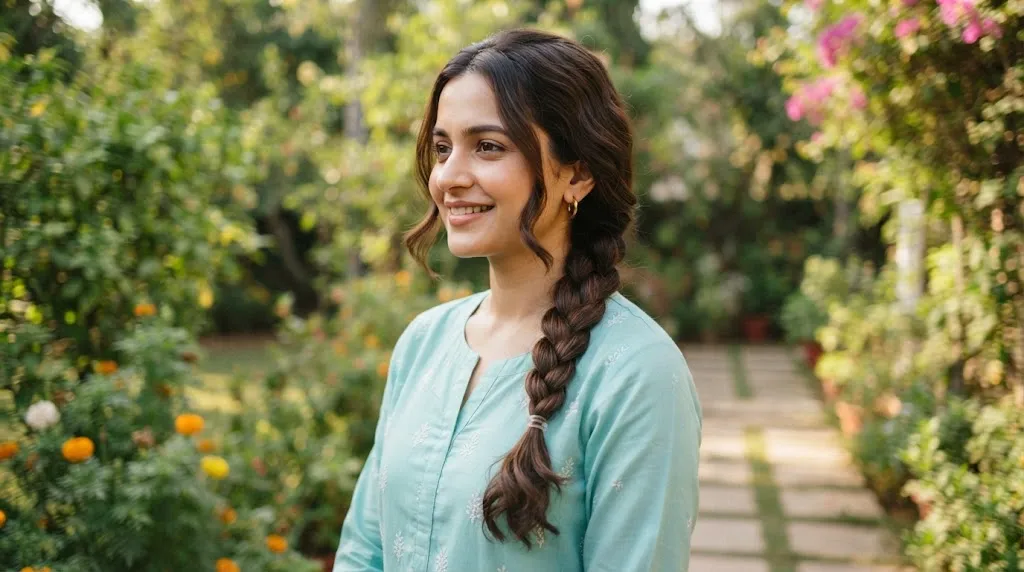 A young Indian woman with a neat, simple three-strand side braid over her shoulder, smiling outdoors in a garden.