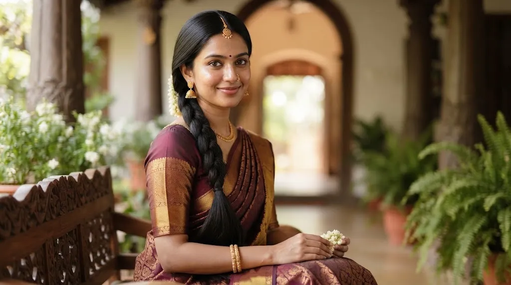 A beautiful young woman showcasing a simple Indian hairstyle with sleek long dark hair and traditional elegance.