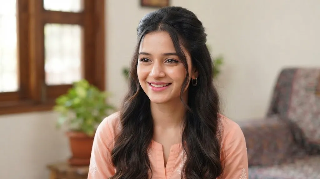 A young Indian woman with a neat, soft front puff hairstyle, wearing a peach kurta and smiling.