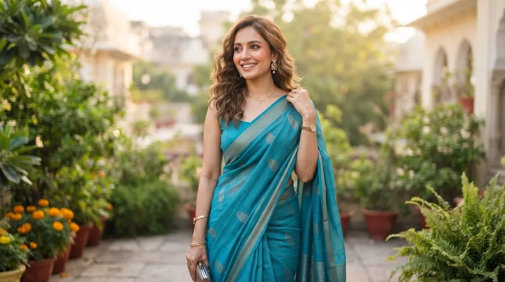 A woman with beautiful soft light curls and long layers wearing an elegant modern Indian saree for everyday and festive occasions.