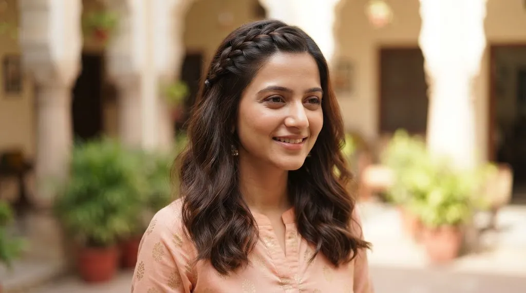 A smiling young Indian woman with a neat mini front braid and wavy dark brown hair, wearing a peach kurta in a traditional setting.