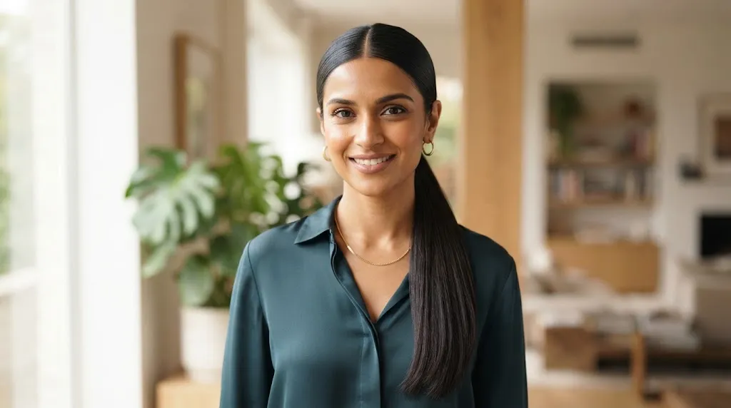 A clean, elegant simple low ponytail hairstyle on an Indian woman for everyday wear and office look.