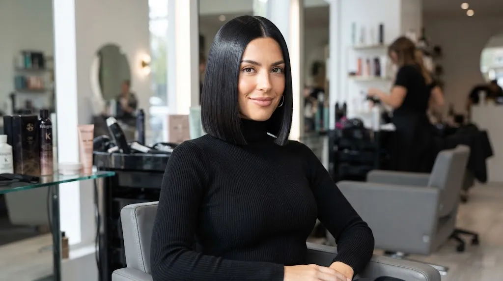 A fashionable woman showcasing a sleek blunt box bob hairstyle with a sharp chin-length baseline and glossy finish