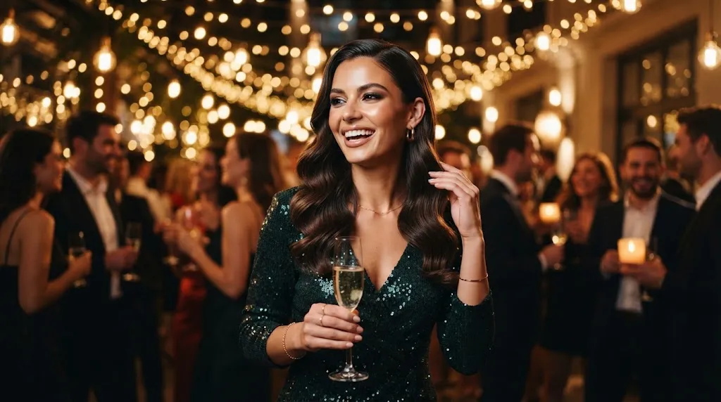 A woman with glossy, sleek glass-finish waves and a polished part styled for an evening party look.