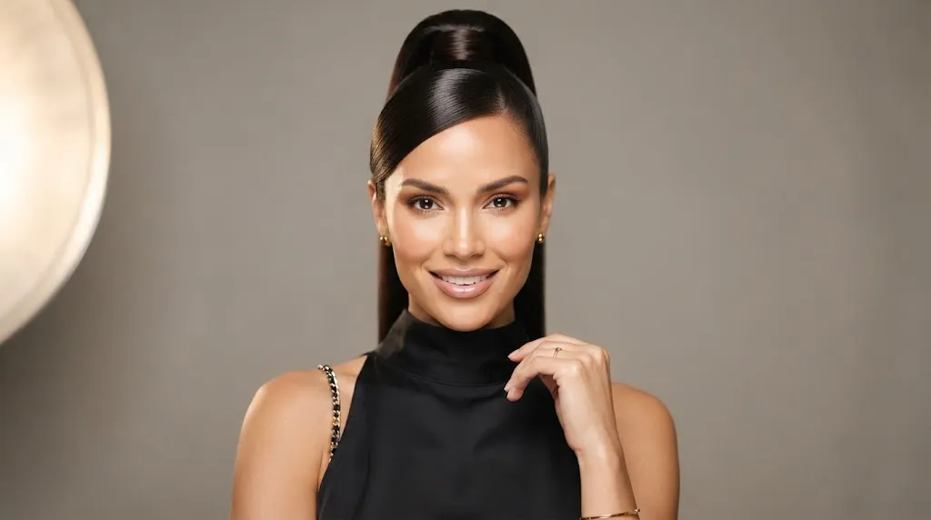 A woman wearing an elegant sleek high ponytail with a glossy, polished finish for a formal event