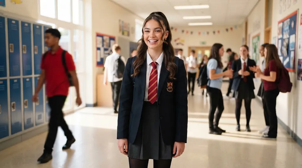 A smiling school girl with a sleek high ponytail and face-framing layers perfect for school mornings