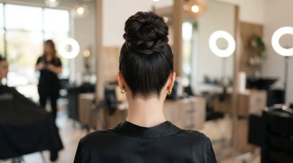 An elegant woman wearing a sleek high top-knot bun hairstyle designed to match a formal or high-neck frock.