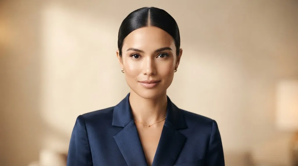 Professional woman with a polished sleek low bun updo hairstyle for formal events and weddings