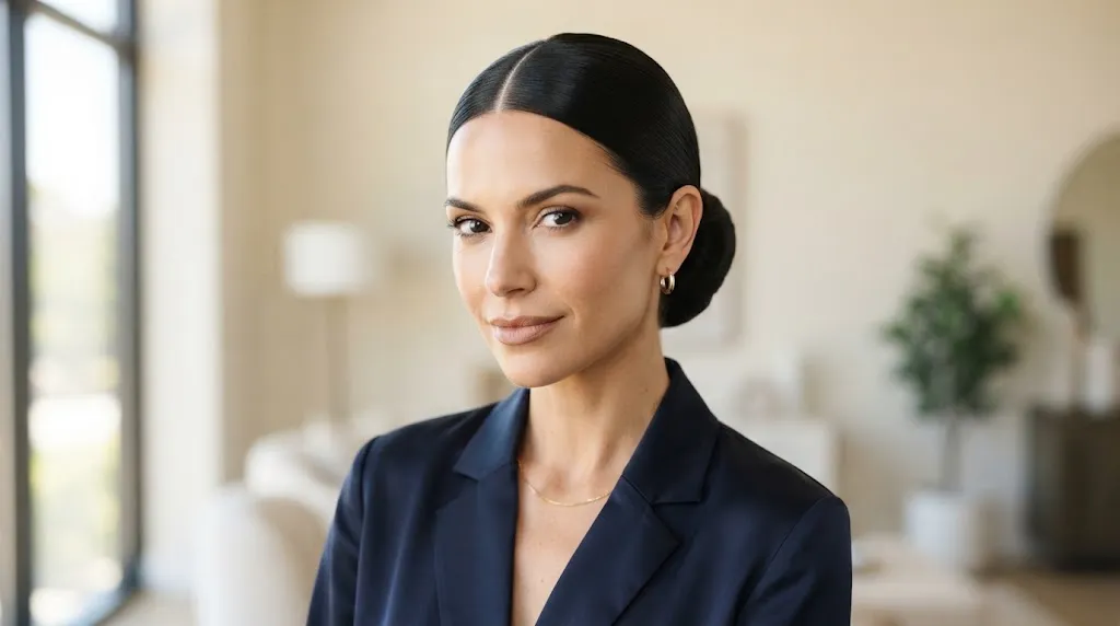 A woman with long hair styled into a sleek low bun featuring a clean center part, ideal for summer heat and formal evenings.