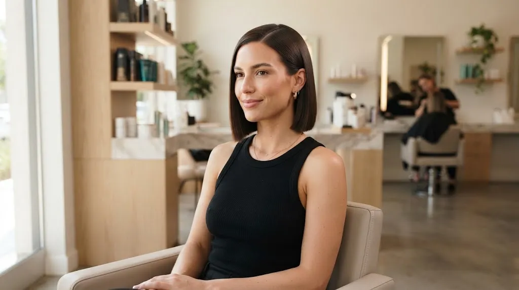 A woman with a sleek straight box bob haircut featuring a clean blunt perimeter and a structured silhouette.