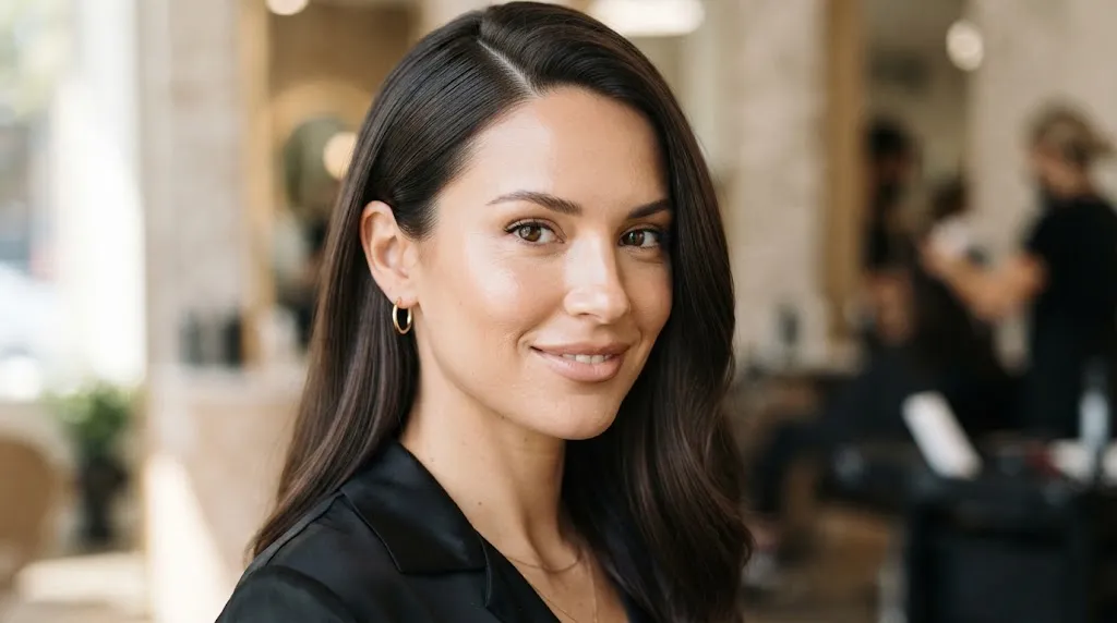 Close-up of a woman with medium-length dark hair featuring a deep side part and one side sleek and tucked neatly behind her ear
