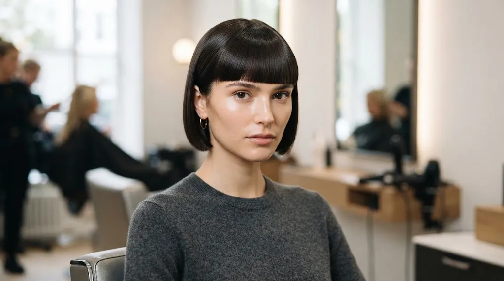 A model with a sleek, chin-grazing British bob haircut featuring a sharp blunt fringe and clean precision lines.