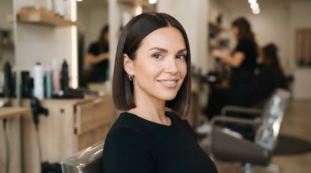 A woman showcasing a sleek and polished box bob hairstyle with a sharp, blunt baseline and smooth finish.