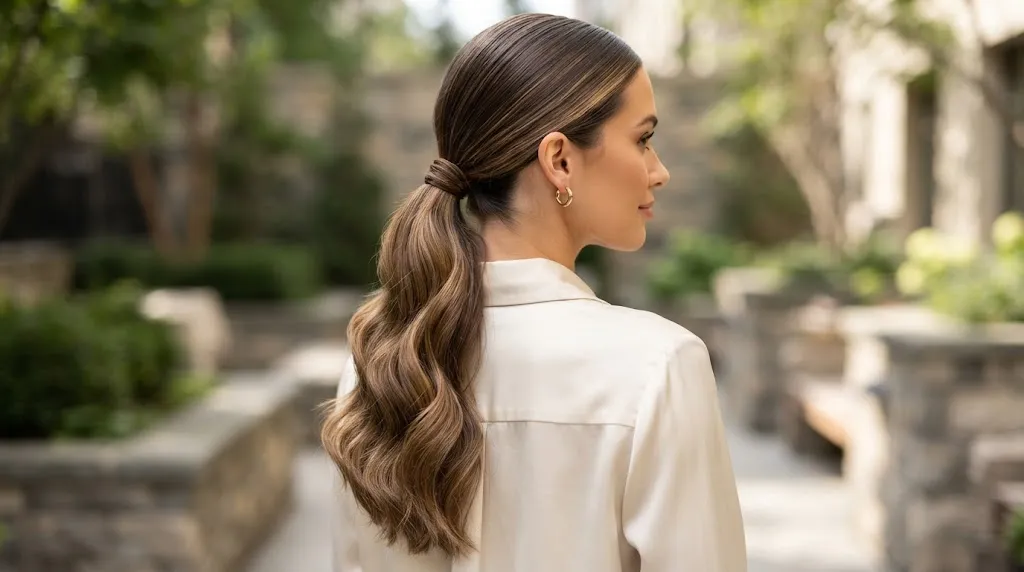 A stylish woman with sleek and wave long hair showing smooth crown and textured ends for summer