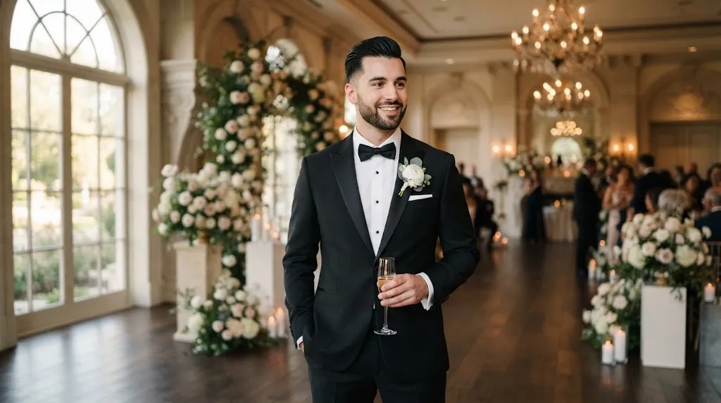 Elegant groom with a polished slick back hairstyle wearing a tailored tuxedo for a formal wedding
