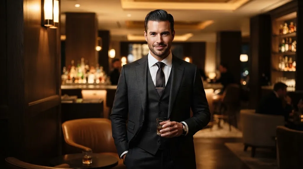 A stylish man with a classic, high-shine slicked-back hairstyle for men in a professional setting